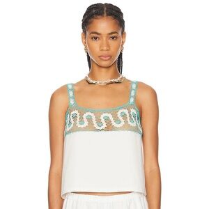 NWT Bode Ripple Lace Crochet Cotton Poplin Tank Top Cream White Blue Mermaid